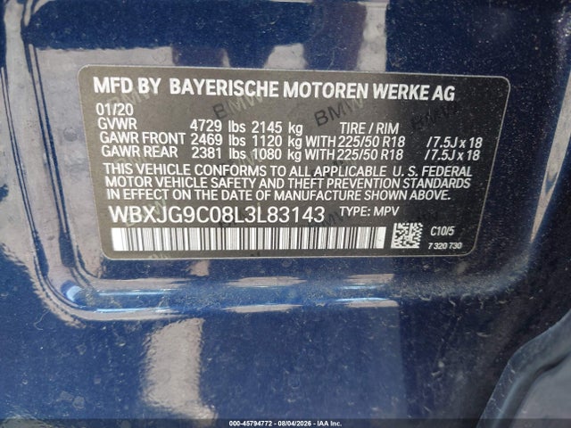 45794772 :رقم المزاد ، WBXJG9C08L3L83143 vin ، 2020 Bmw X1 Xdrive28i مزاد بيع
