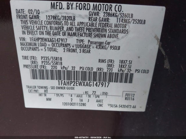 2010 Ford Taurus Sel მანქანა იყიდება აუქციონზე, vin: 1FAHP2EWXAG147917, აუქციონის ნომერი: 45794791