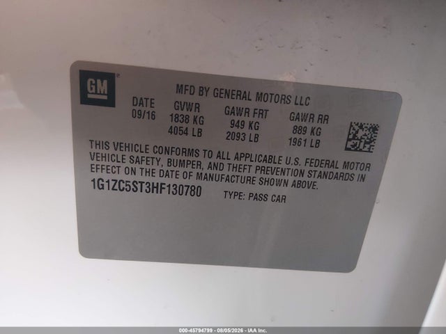 Aukcja sprzedaży 2017 Chevrolet Malibu 1fl, vin: 1G1ZC5ST3HF130780, numer aukcji: 45794799