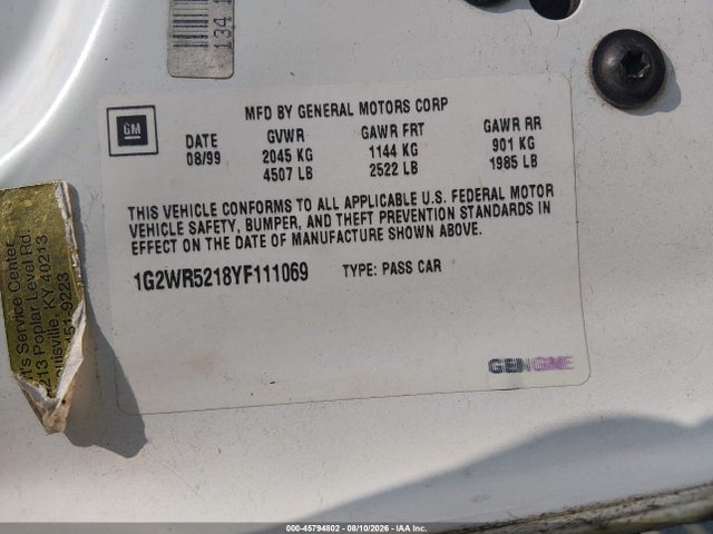 Продаж на аукціоні авто 2000 Pontiac Grand Prix Gtp, vin: 1G2WR5218YF111069, номер лоту: 45794802