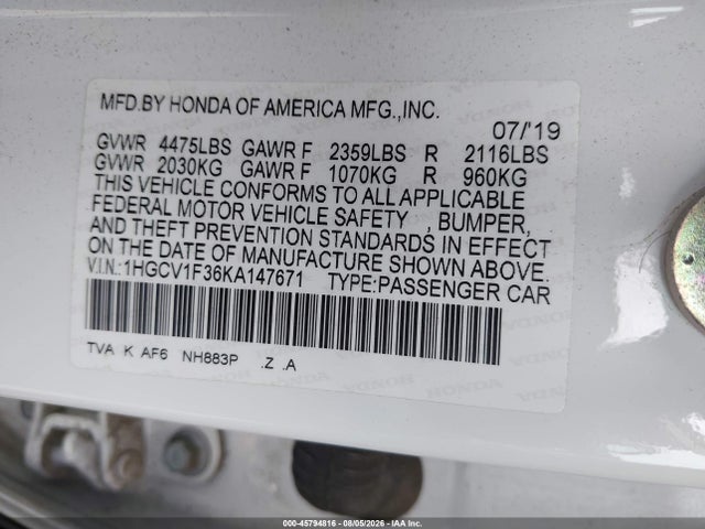 45794816 :رقم المزاد ، 1HGCV1F36KA147671 vin ، 2019 Honda Accord Sport مزاد بيع