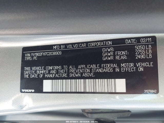 45794814 :رقم المزاد ، YV1902FH7C2038909 vin ، 2012 Volvo S60 T6 مزاد بيع