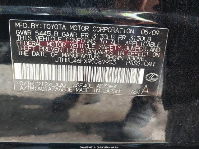 45794823 :رقم المزاد ، JTHBL46FX95089903 vin ، 2009 Lexus Ls 460 مزاد بيع
