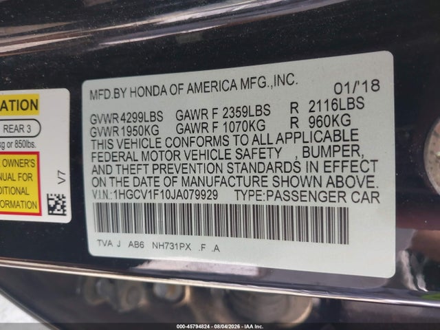 2018 Honda Accord Lx მანქანა იყიდება აუქციონზე, vin: 1HGCV1F10JA079929, აუქციონის ნომერი: 45794824