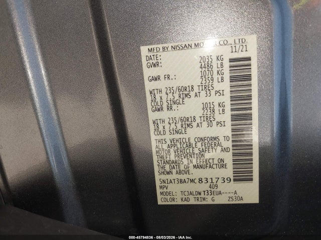 5N1AT3BA7MC831739 Nissan Rogue Sv Fwd