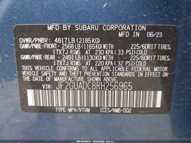 45794837 :رقم المزاد ، JF2GUADC8RH256965 vin ، 2024 Subaru Crosstrek Premium مزاد بيع
