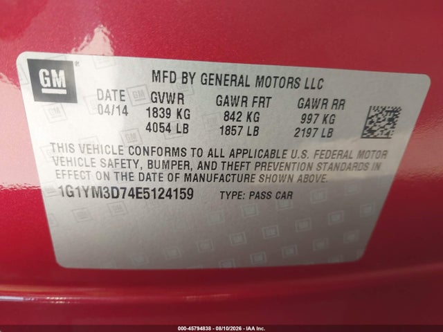 Продаж на аукціоні авто 2014 Chevrolet Corvette Stingray Z51, vin: 1G1YM3D74E5124159, номер лоту: 45794838