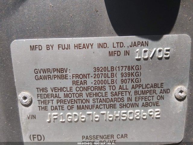 Aukcja sprzedaży 2006 Subaru Impreza 2.5i, vin: JF1GD67676H508692, numer aukcji: 45794852