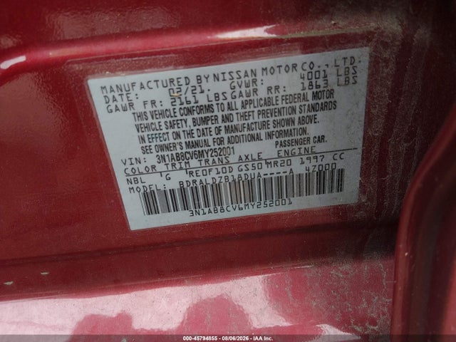 Aukcja sprzedaży 2021 Nissan Sentra Sv Xtronic Cvt, vin: 3N1AB8CV6MY252001, numer aukcji: 45794855