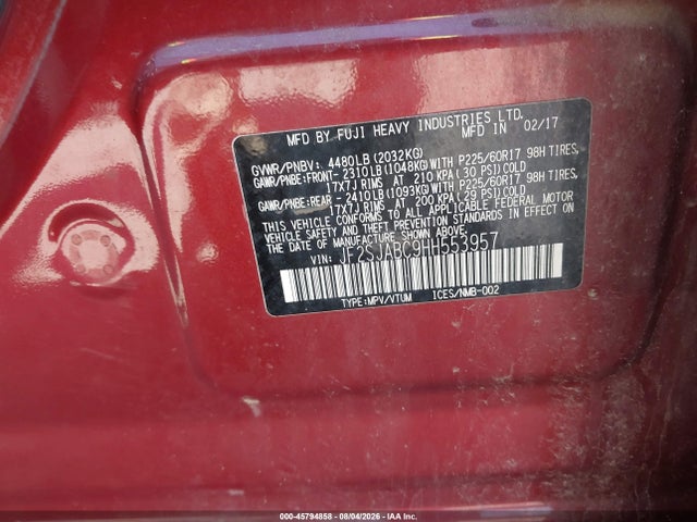 2017 Subaru Forester 2.5i მანქანა იყიდება აუქციონზე, vin: JF2SJABC9HH553957, აუქციონის ნომერი: 45794858