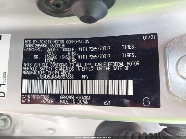 Aukcja sprzedaży 2021 Toyota 4runner Sr5, vin: JTEMU5JR6M5907338, numer aukcji: 45794859