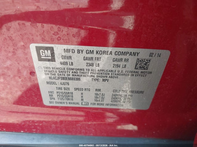 Aukcja sprzedaży 2014 Buick Encore Convenience, vin: KL4CJFSB0EB669306, numer aukcji: 45794863