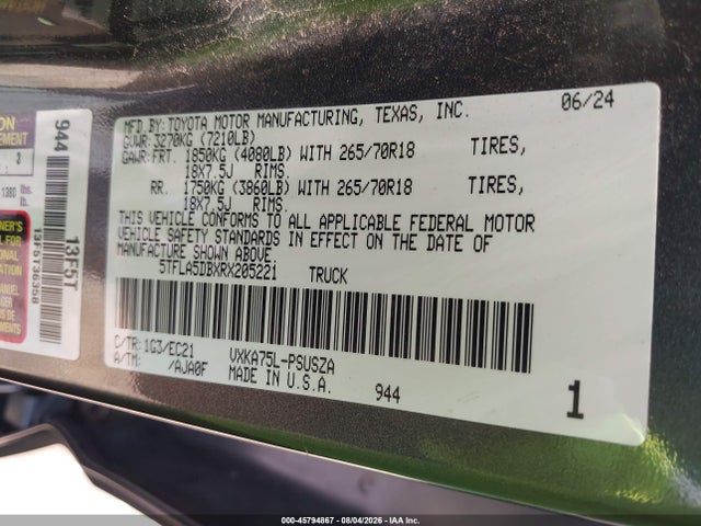 45794867 :رقم المزاد ، 5TFLA5DBXRX205221 vin ، 2024 Toyota Tundra Sr5 مزاد بيع