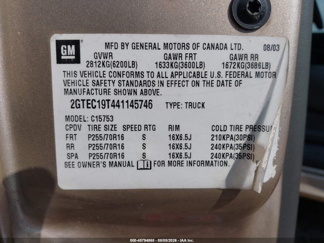 Продажа на аукционе авто 2004 Gmc Sierra 1500 Sle, vin: 2GTEC19T441145746, номер лота: 45794868