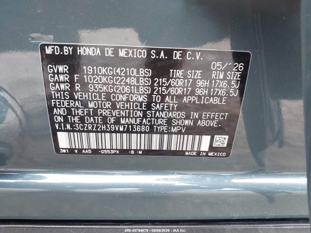 45794879 :رقم المزاد ، 3CZRZ2H39VM713680 vin ، 2027 Honda Hr-v Lx Awd مزاد بيع