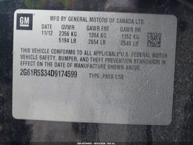 45794883 :رقم المزاد ، 2G61R5S34D9174599 vin ، 2013 Cadillac Xts Luxury مزاد بيع