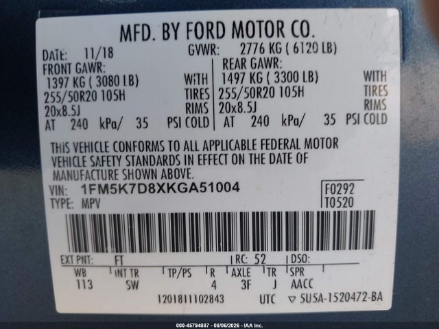 45794887 :رقم المزاد ، 1FM5K7D8XKGA51004 vin ، 2019 Ford Explorer Xlt مزاد بيع