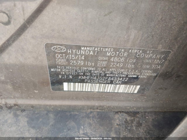 Auction sale of the 2015 Hyundai Azera, vin: KMHFH4JG2FA433422, lot number: 45794893