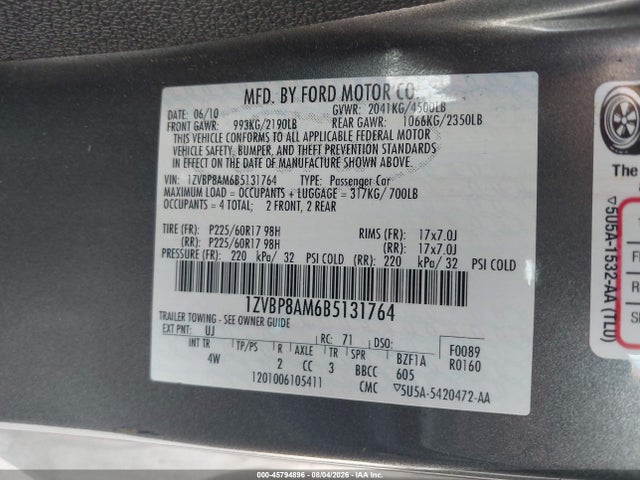 2011 Ford Mustang V6 Premium მანქანა იყიდება აუქციონზე, vin: 1ZVBP8AM6B5131764, აუქციონის ნომერი: 45794896