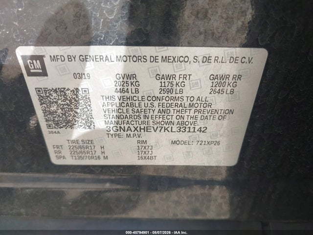 Aukcja sprzedaży 2019 Chevrolet Equinox Ls, vin: 3GNAXHEV7KL331142, numer aukcji: 45794901