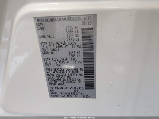Продажа на аукционе авто 2015 Nissan Pathfinder Sv, vin: 5N1AR2MN3FC698201, номер лота: 45794908