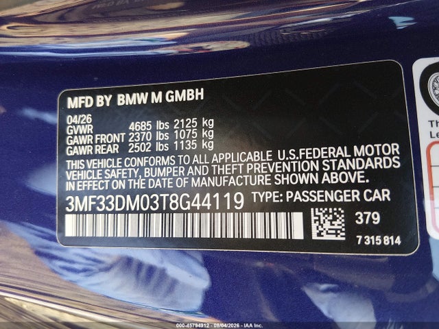 45794912 :رقم المزاد ، 3MF33DM03T8G44119 vin ، 2026 Bmw M2 Cs مزاد بيع