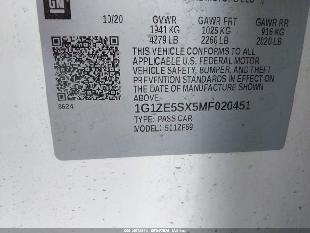 Aukcja sprzedaży 2021 Chevrolet Malibu Fwd Premier, vin: 1G1ZE5SX5MF020451, numer aukcji: 45794914