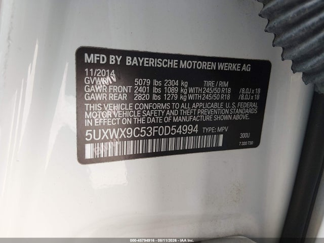 Продаж на аукціоні авто 2015 Bmw X3 Xdrive28i, vin: 5UXWX9C53F0D54994, номер лоту: 45794916