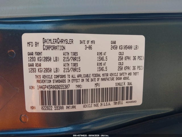 Aukcja sprzedaży 2006 Chrysler Town & Country, vin: 1A4GP45R06B655307, numer aukcji: 45794920