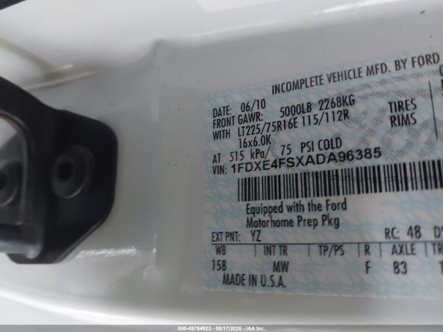 Продажа на аукционе авто 2010 Ford E-450 Cutaway, vin: 1FDXE4FSXADA96385, номер лота: 45794923