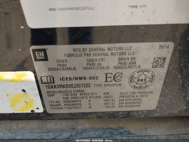 45794925 :رقم المزاد ، 1GKKVRKD8EJ357222 vin ، 2014 Gmc Acadia Slt-1 مزاد بيع