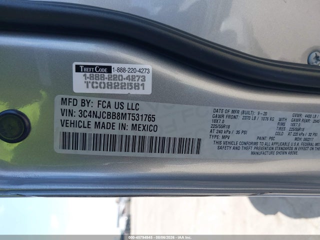 Auction sale of the 2021 Jeep Compass Altitude Fwd, vin: 3C4NJCBB8MT531765, lot number: 45794945