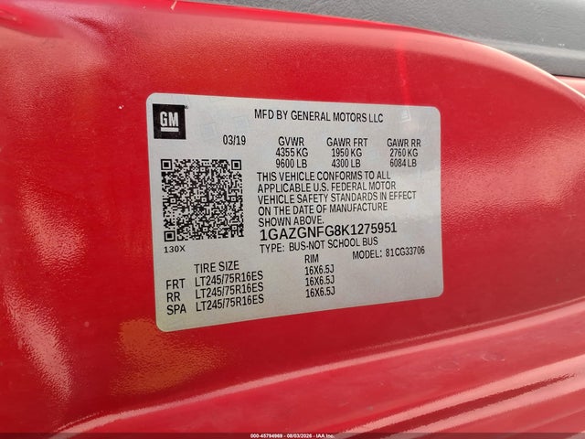 Aukcja sprzedaży 2019 Chevrolet Express 3500 Ls, vin: 1GAZGNFG8K1275951, numer aukcji: 45794969