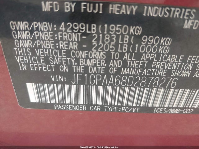 Aukcja sprzedaży 2013 Subaru Impreza 2.0i, vin: JF1GPAA68D2878276, numer aukcji: 45794973