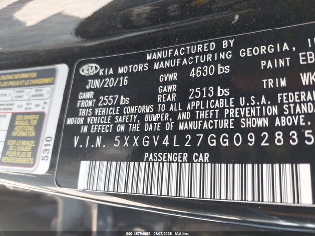 2016 Kia Optima Sxl Turbo მანქანა იყიდება აუქციონზე, vin: 5XXGV4L27GG092835, აუქციონის ნომერი: 45794982
