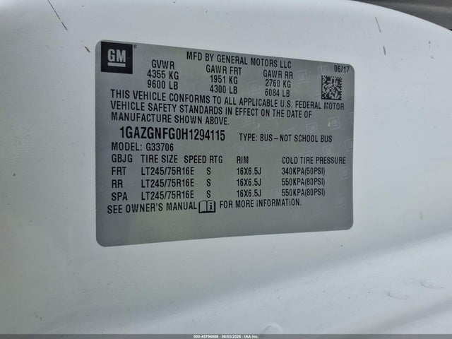 Продажа на аукционе авто 2017 Chevrolet Express 3500 Ls, vin: 1GAZGNFG0H1294115, номер лота: 45794988