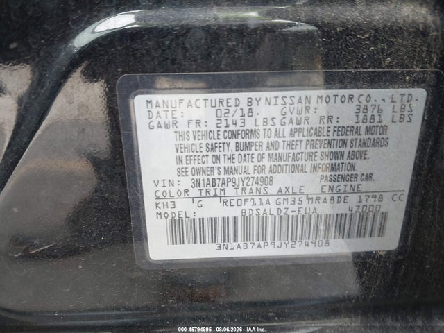 45794995 :رقم المزاد ، 3N1AB7AP9JY274908 vin ، 2018 Nissan Sentra Sv مزاد بيع