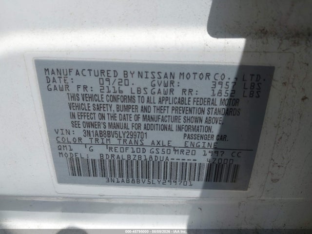 Aukcja sprzedaży 2020 Nissan Sentra S Xtronic Cvt, vin: 3N1AB8BV5LY299701, numer aukcji: 45795000