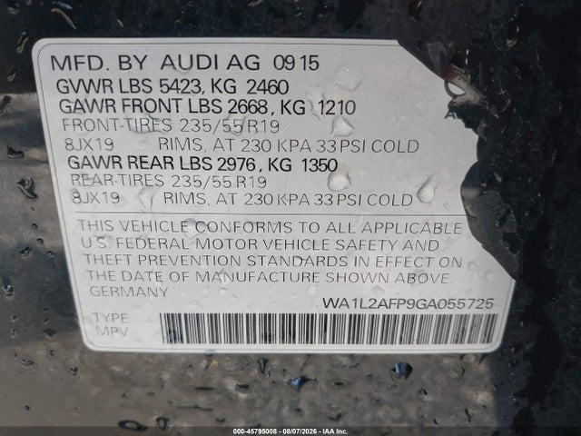 Продаж на аукціоні авто 2016 Audi Q5 2.0t Premium, vin: WA1L2AFP9GA055725, номер лоту: 45795008