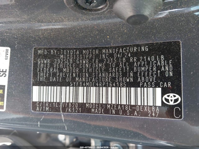 Aukcja sprzedaży 2024 Toyota Corolla Le, vin: 5YFB4MDE4RP164185, numer aukcji: 45795012