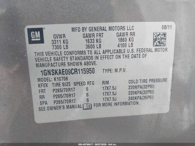 Продаж на аукціоні авто 2012 Chevrolet Tahoe Ls, vin: 1GNSKAE09CR115950, номер лоту: 45795017