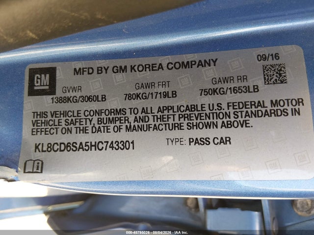 45795026 :رقم المزاد ، KL8CD6SA5HC743301 vin ، 2017 Chevrolet Spark 1lt Cvt مزاد بيع