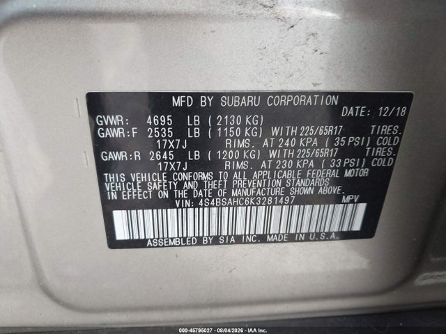 45795027 :رقم المزاد ، 4S4BSAHC6K3281497 vin ، 2019 Subaru Outback 2.5i Premium مزاد بيع