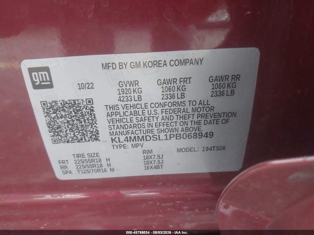 45795034 :رقم المزاد ، KL4MMDSL1PB068949 vin ، 2023 Buick Encore Gx Select Fwd مزاد بيع