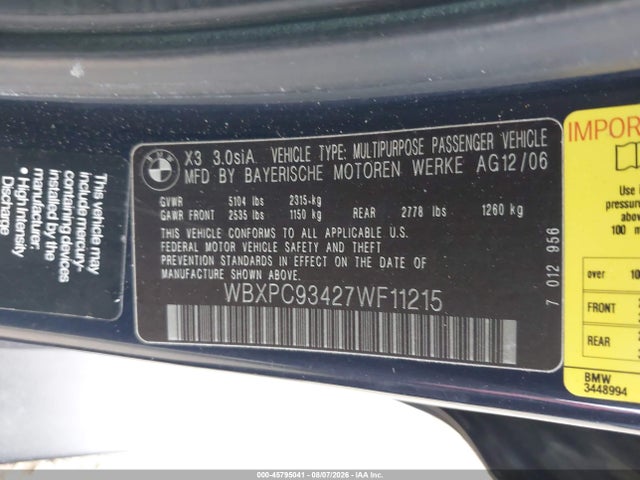 Продаж на аукціоні авто 2007 Bmw X3 3.0si, vin: WBXPC93427WF11215, номер лоту: 45795041