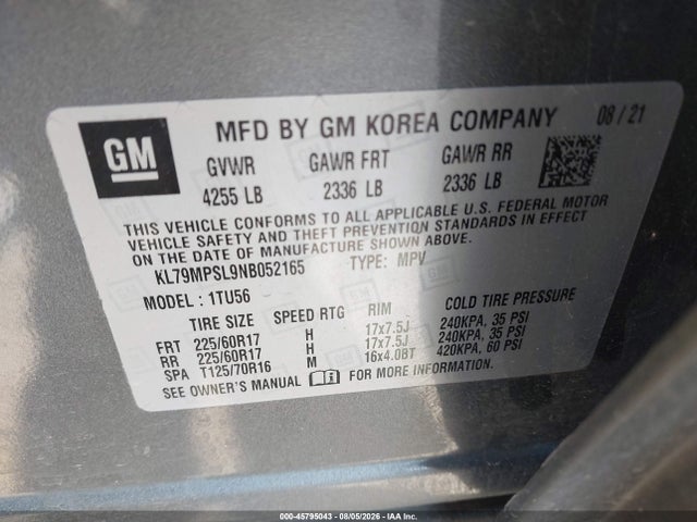 Продажа на аукционе авто 2022 Chevrolet Trailblazer Fwd Lt, vin: KL79MPSL9NB052165, номер лота: 45795043