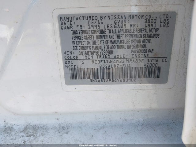 3N1AB7AP5GY280908 Nissan Sentra Fe+ S/s/sl/sr/sv