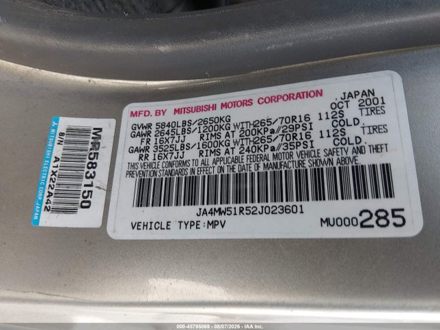 Продаж на аукціоні авто 2002 Mitsubishi Montero Limited, vin: JA4MW51R52J023601, номер лоту: 45795069