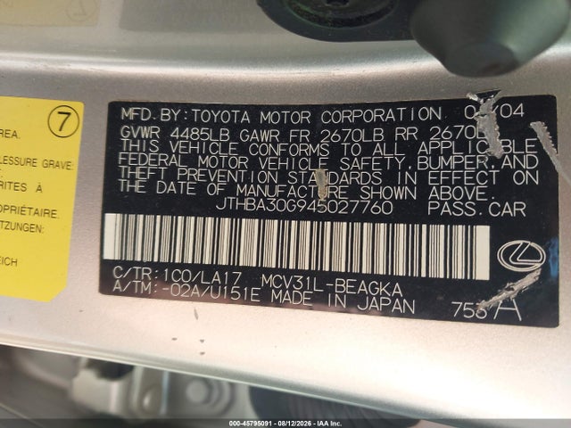 Продажа на аукционе авто 2004 Lexus Es 330, vin: JTHBA30G945027760, номер лота: 45795091