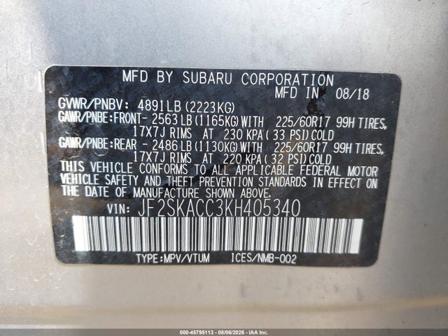 Продажа на аукционе авто 2019 Subaru Forester, vin: JF2SKACC3KH405340, номер лота: 45795113